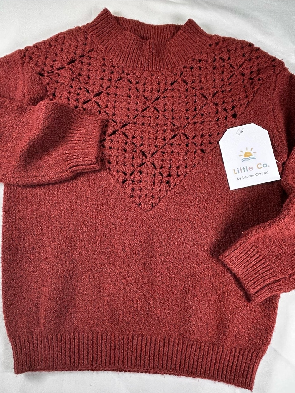 LC Lauren Conrad rust red knit sweater with crochet yoke